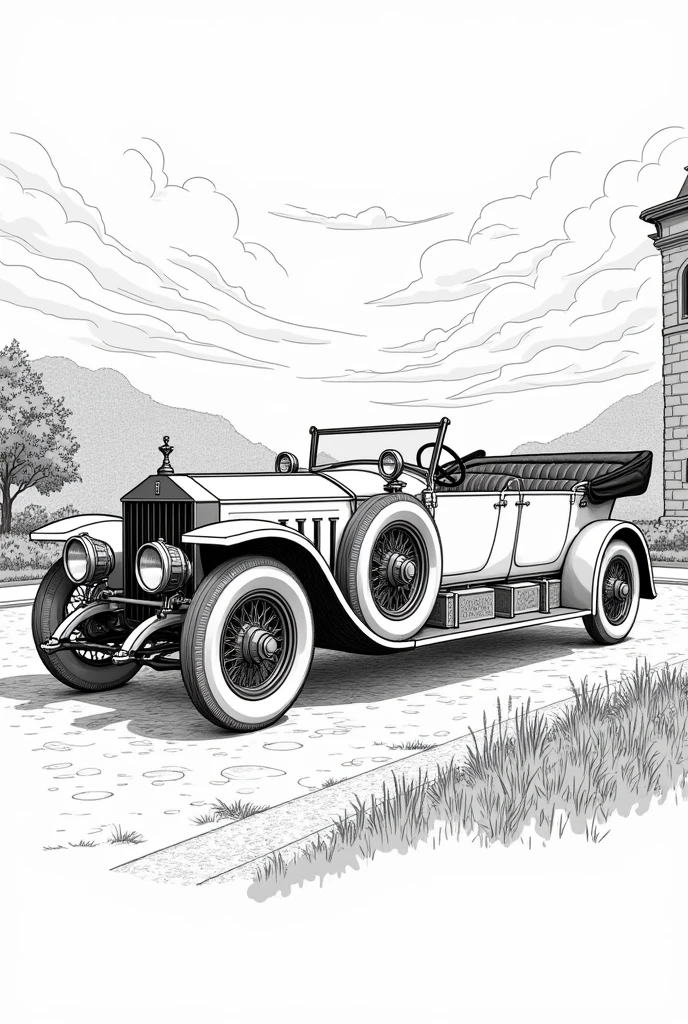 creates the image of a Rolls-Royce Silver Ghost car
Country of Origin: United Kingdom
Brand: Rolls-Royce
Model: Silver Ghost
Year of Creation: 1907, with a background landscape and some structures according to their era, black and white style, coloring book page