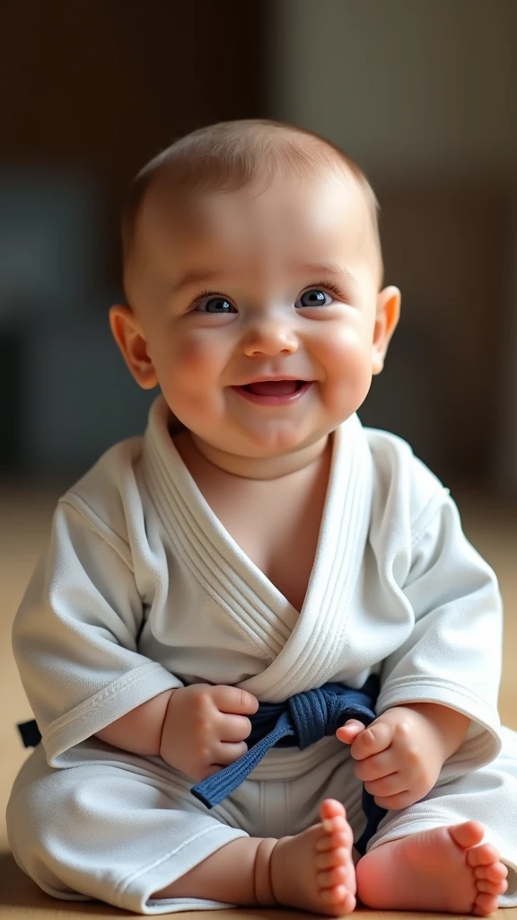 a baby in a jiu-jitsu kimono, smiling, highly detailed, cute, adorable, 1baby, beautiful detailed eyes, beautiful detailed lips, extremely detailed face, chubby cheeks, sitting on the floor, jiu-jitsu uniform, martial arts, close-up, natural lighting, cinematic, soft colors, warm tones, 4k, high resolution, photorealistic, award winning photograph