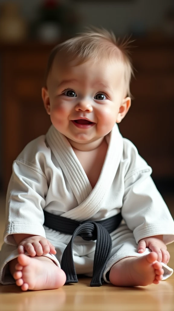 a baby in a jiu-jitsu kimono, smiling, highly detailed, cute, adorable, 1baby, beautiful detailed eyes, beautiful detailed lips, extremely detailed face, chubby cheeks, sitting on the floor, jiu-jitsu uniform, martial arts, close-up, natural lighting, cinematic, soft colors, warm tones, 4k, high resolution, photorealistic, award winning photograph