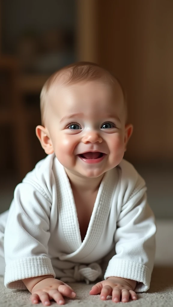 a baby in a jiu-jitsu kimono, smiling, highly detailed, cute, adorable, 1baby, beautiful detailed eyes, beautiful detailed lips, extremely detailed face, chubby cheeks, sitting on the floor, jiu-jitsu uniform, martial arts, close-up, natural lighting, cinematic, soft colors, warm tones, 4k, high resolution, photorealistic, award winning photograph