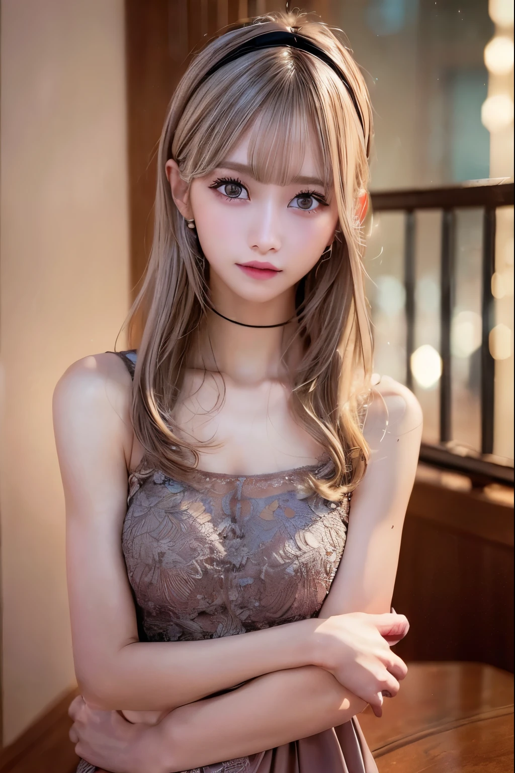 1 girl, シースルー,セクシーなセーターを着ている, オフショルダー, silver straight hair, blonde, medium long hair, headband, she is AYA MIYABI, Bishojo, looking at viewer, she is famous Japanese idol, kawaii, (mascara), eyeliner, almond eye, natural eyebrows, thin lips, Natural color lip, extremely detailed skin, fair skin, smile, cute, realistic face, slender face, beautiful skin, flat chest, clavicle, slender body, Forehead, delicate thighs, skinny legs, lean legs, Best quality, (8k, RAW photo, best quality, childish face, masterpiece:1.2), ultra-detailed, (realistic, photo realistic:1.37), high detail RAW color photo, an extremely delicate and beautiful, extremely detailed(Selfie:1.1), finely detail,