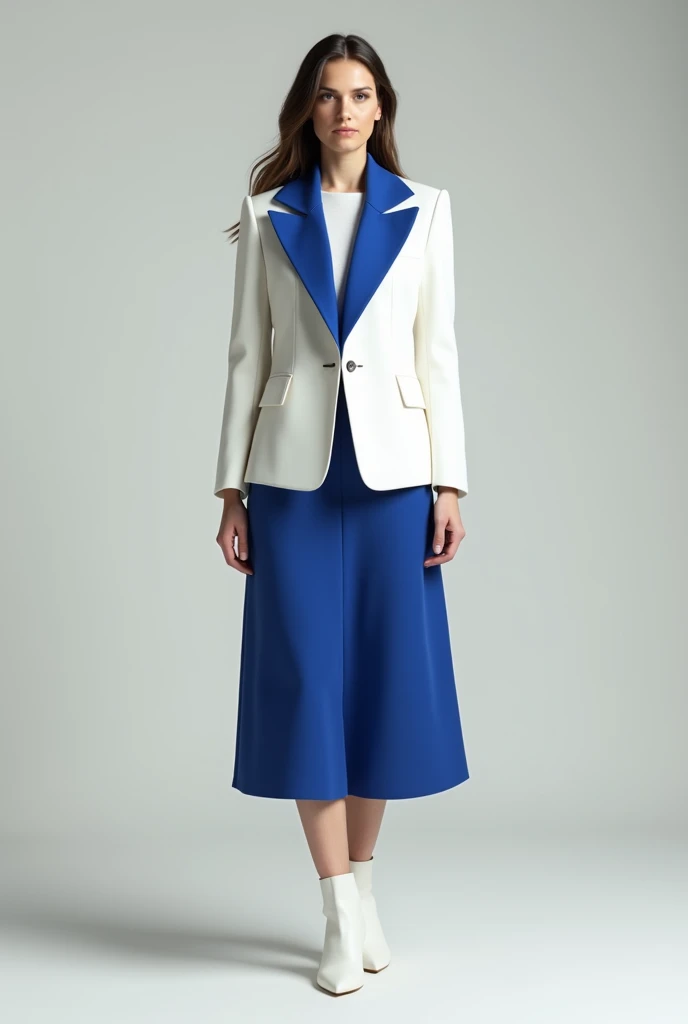 Create a closed white formal women's jacket with a blue high collar, add a blue skirt and white boots