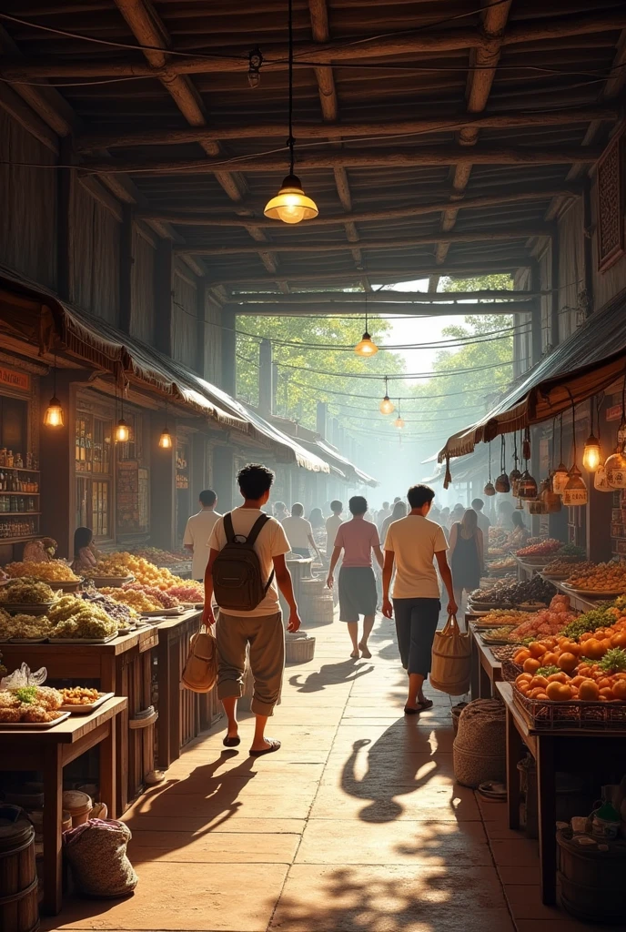 A realistic image of the inside of a Thai market in the countryside, which is like an old wooden market from 50 years ago. People walk around and choose to buy things with full of fun.