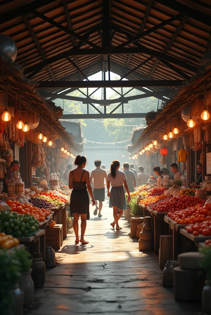A realistic image of the inside of a Thai market in the countryside, which is like an old wooden market from 50 years ago. People walk around and choose to buy things with full of fun.