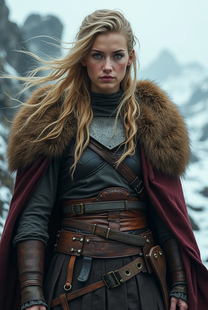 photorealistic of a female Viking warriors wearing a brown bear fur cloak