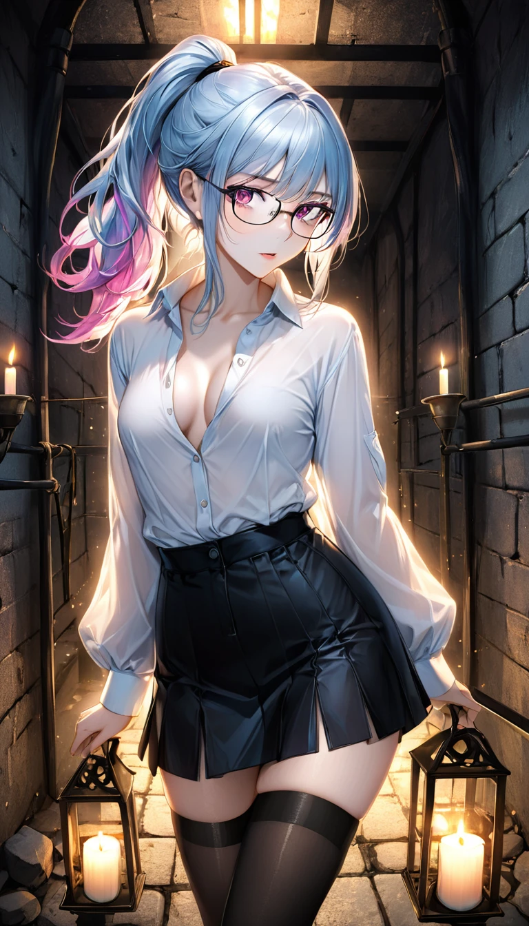 Intelligent beauty, glasses, light blue messy wavy ponytail, (attractive and seductive) and (amorous and lewd) expression, pink eyes, make-up, glamorous proportions, wearing unbuttoned white shirt, tight black mini skirt, black stockings, iridescent rapier, background dim underground prison, candlelight room, (ultra detailed, absolutely resolution, best quality:1.3), 2.5D, delicate and dynamic effects, shading effects, contrast effects, artistic, hyper, graphic CG digital art