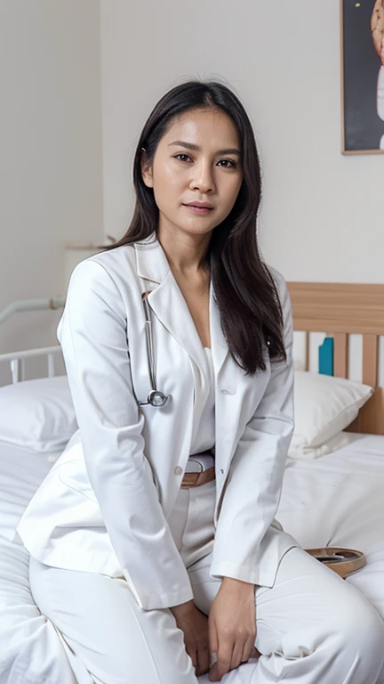 Indonesian woman,((40 years old)), doctor, beautiful face, white skin, doctor suit, white coat, stethoscope, long pants, big hips, soft smile, sweet face, hospital, sit on bed
