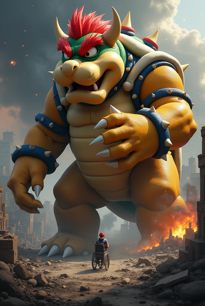 bowser getting bigger and bigger, destroying a city,looking at his claw, where there is a disabled person with love, Digital art