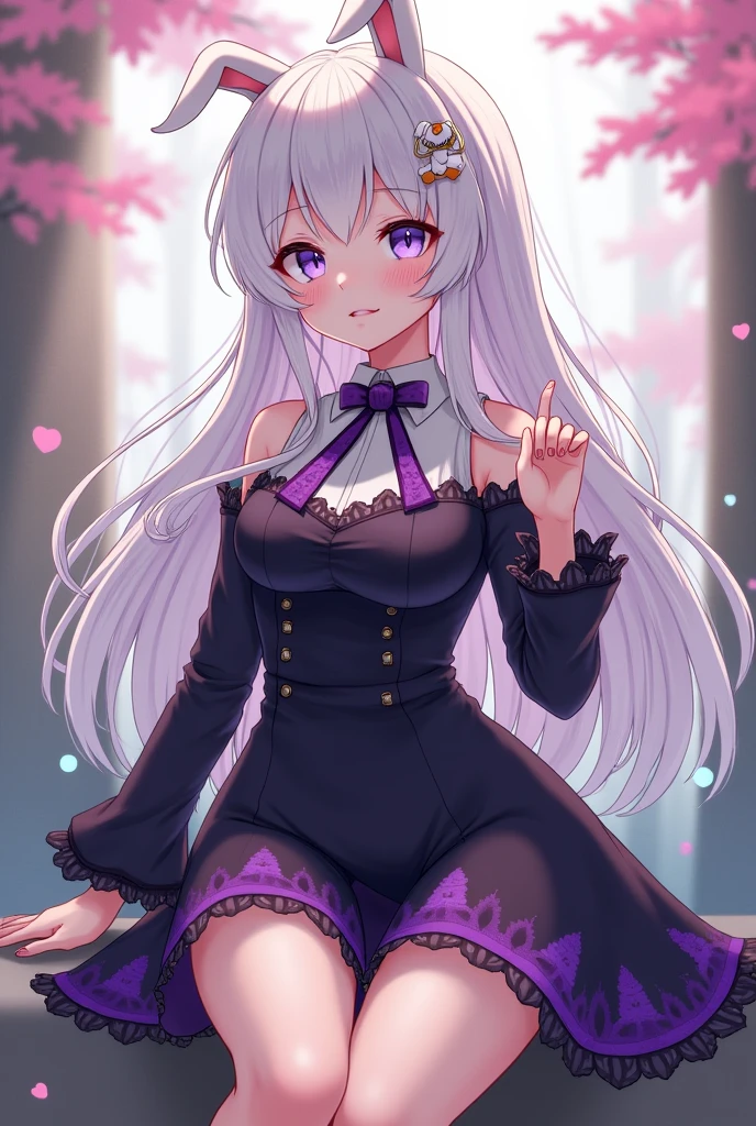 create a female anime character with white hair with rabbit accessories with black and purple semi-short clothes and red or blue eyes