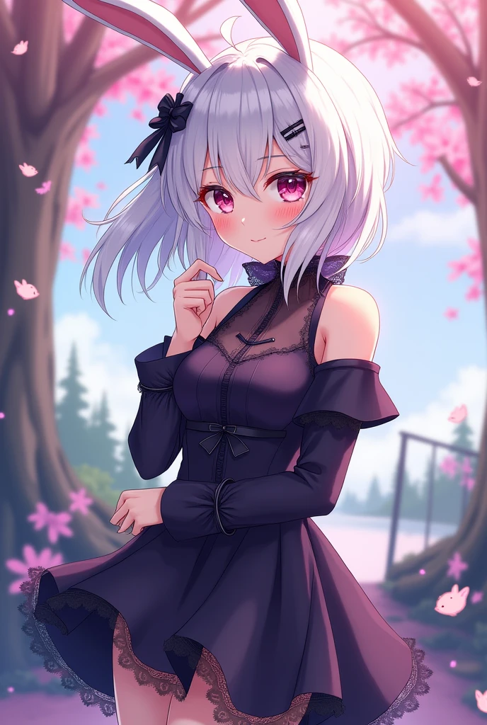 create a female anime character with white hair with rabbit accessories with black and purple semi-short clothes and red or blue eyes