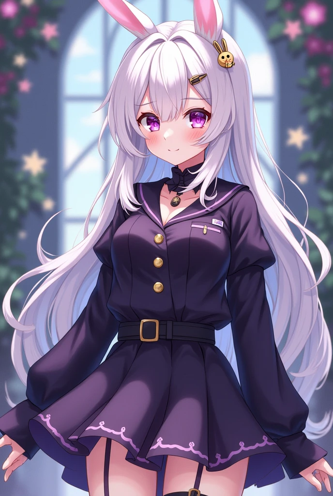 create a female anime character with white hair with rabbit accessories with black and purple semi-short clothes and red or blue eyes