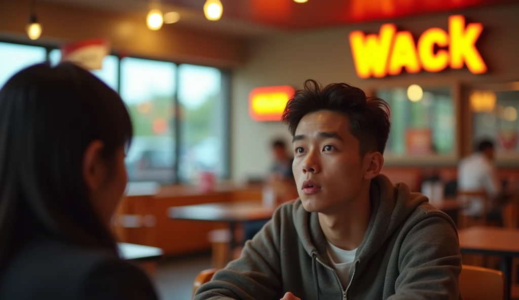 (masterpiece, best quality:1.2), A highly realistic, high-contrast, 8K HD, detailed, hyper-detailed image of a commercial scene in a fast-food restaurant called "Wack" with a logo similar to McDonald's but featuring a "W." Two individuals are seated in chairs. The focus is on a young man sitting across the table from another person, his expression a mix of surprise and curiosity as he looks at the other person's face. The lighting is warm and inviting, with soft shadows that enhance the details of the scene. The background is blurred to keep the focus on the man's expressive face, capturing the moment of intrigue and interest. The atmosphere is lively yet intimate, reflecting the casual, friendly vibe of the restaurant.