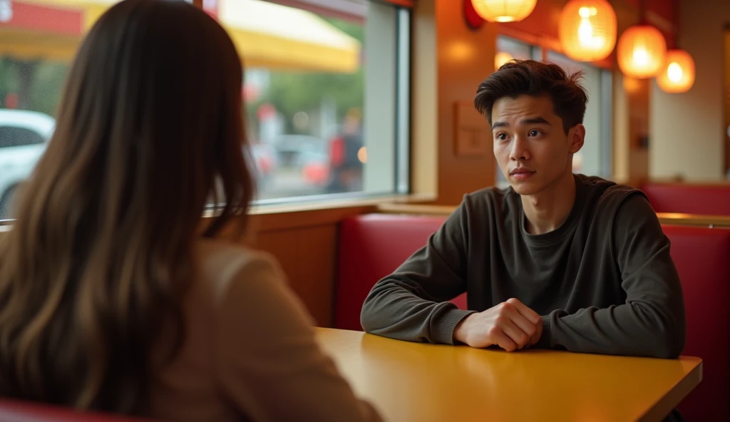 (masterpiece, best quality:1.2), A highly realistic, high-contrast, 8K HD, detailed, hyper-detailed image of a commercial scene in a fast-food restaurant called "Wack" with a logo similar to McDonald's but featuring a "W." Two individuals are seated in chairs. The focus is on a young man sitting across the table from another person, his expression a mix of surprise and curiosity as he looks at the other person's face. The lighting is warm and inviting, with soft shadows that enhance the details of the scene. The background is blurred to keep the focus on the man's expressive face, capturing the moment of intrigue and interest. The atmosphere is lively yet intimate, reflecting the casual, friendly vibe of the restaurant.
