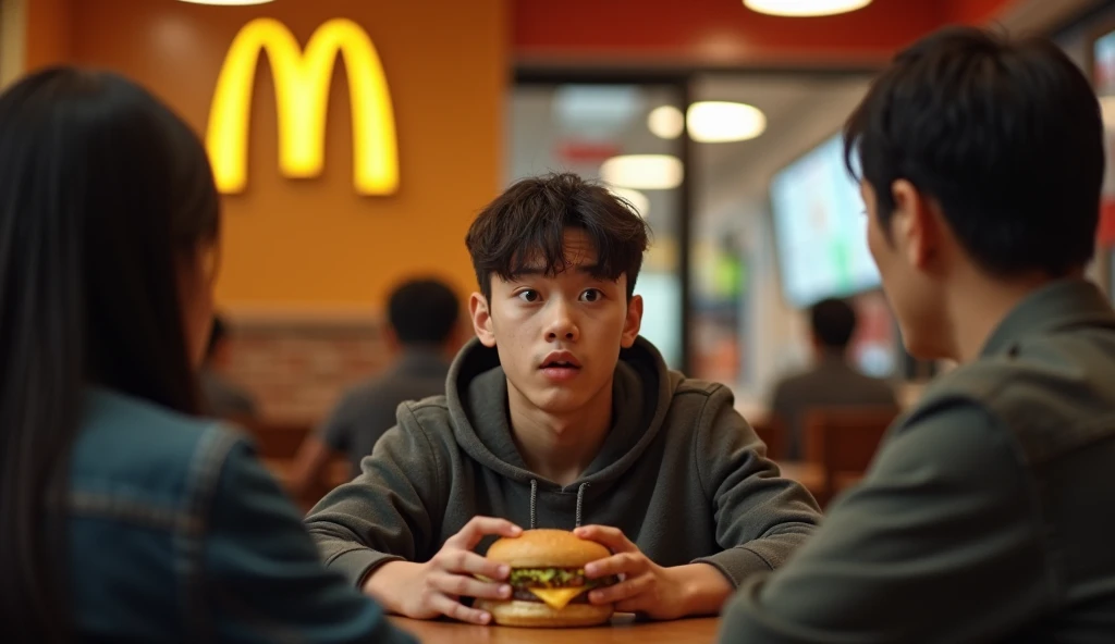 (masterpiece, best quality:1.2), A highly realistic, high-contrast, 8K HD, detailed, hyper-detailed image of a commercial scene in a fast-food restaurant called "Wack" with a logo similar to McDonald's but featuring a "W." Two individuals are seated in chairs. The focus is on a young man sitting across the table from another person, his expression a mix of surprise and curiosity as he looks at the other person's face. The lighting is warm and inviting, with soft shadows that enhance the details of the scene. The background is blurred to keep the focus on the man's expressive face, capturing the moment of intrigue and interest. The atmosphere is lively yet intimate, reflecting the casual, friendly vibe of the restaurant.