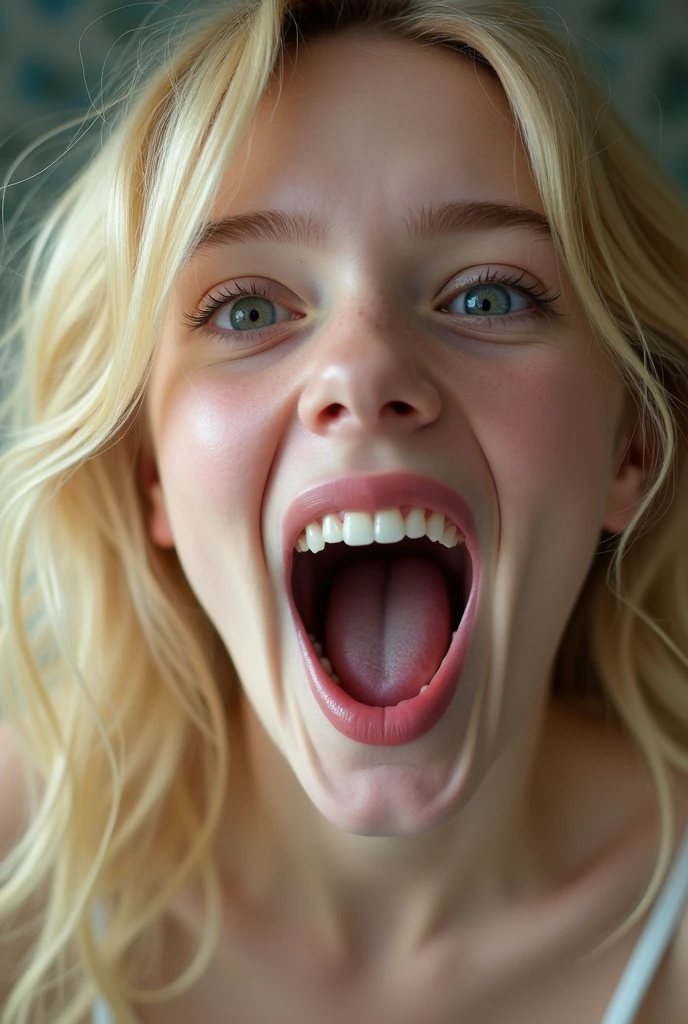 Closeup of a female young elle fanning's face, ((elle fanning)), actress elle fanning when she as 16, mouth wide open and smiling, eyes open, long messy blonde hair, mouth full of milk, letting the milk fall from the mouth, Extreme Skin Detail, photorrealistic, 8k, wall-paper, kneeling on the floor, viewed from the top