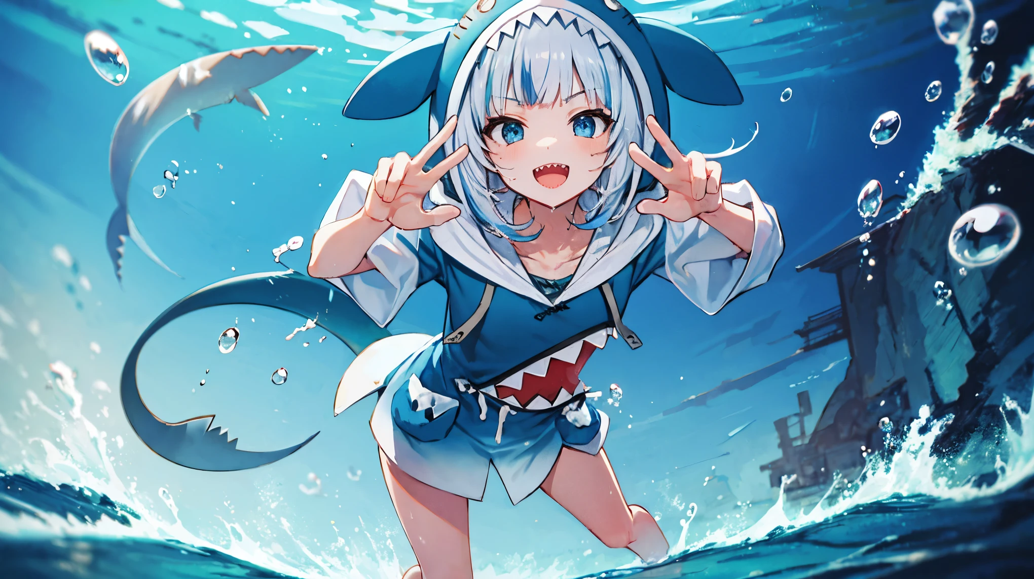 2d, masterpiece, best quality, anime, highly detailed, full body, 1girl, solo, gura_hoodie, blue hoodie, shark hood, standing, :d, sharp teeth, in_deep_sea_background , underwater_landscape,,bubble.happy,dynamic_floating_pose,rise_hands,open_legs, naked_legs,wet,claw_pose,tail,