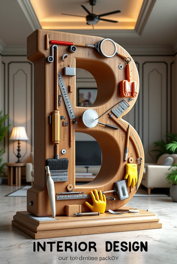 A huge letter B tilted made out of "house building materials like brush,ruller,Pencil, Roller, safty golves,Googl eye glass",background inside view of well designed house with" ceiling ,lights ,designed walls,tables, sofas and table, write boldly "Beemnet's interior Design" at the bottom