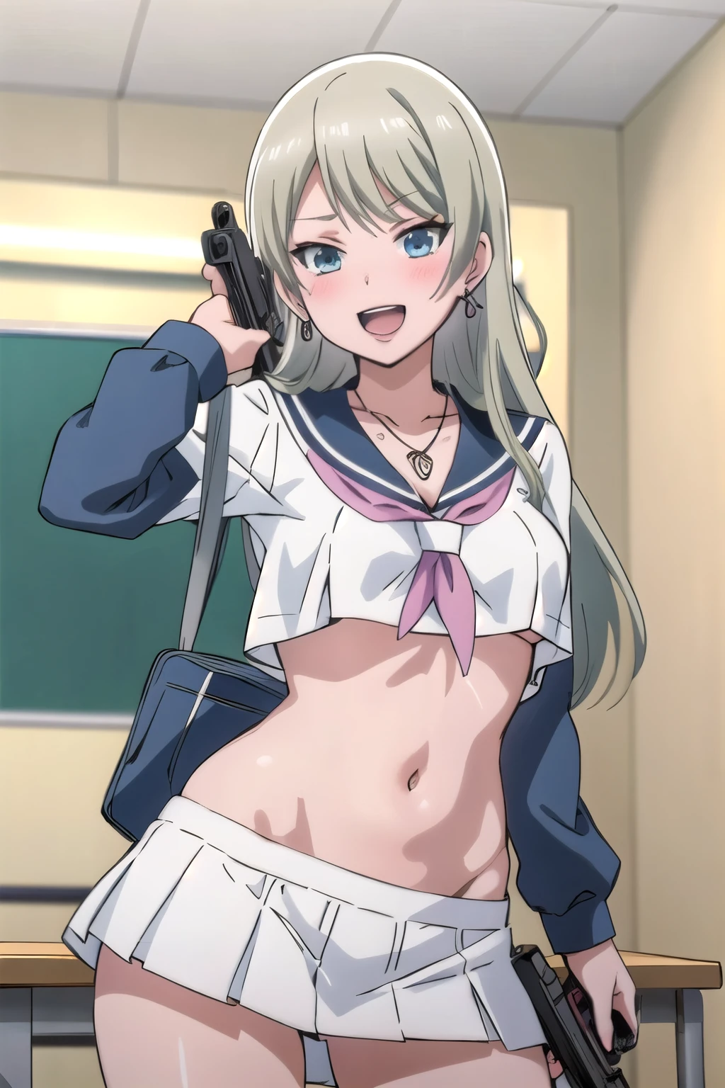 solo, 1girl, lily someya, necklace, blush, lipstick, jewelry, earrings, Hot girl, baddie, mean girl, sensual, attractive, masterpiece, best quality, highly detailed, a anime girls in sailor uniforms with a gun posing for a picture,
evil smile, smile, open mouth,black_serafuku, ecchi anime style, anime girls , (nsfw) not safe for work,
ecchi style, ecchi, shipgirls, digital anime art!!, high school girls, holding a gun, hold a gun, anime style 4
k, micro skirt, exposed belly, exposed navel, exposed midriff, holding pistol,underboob,
exposed lower belly,school, classroom