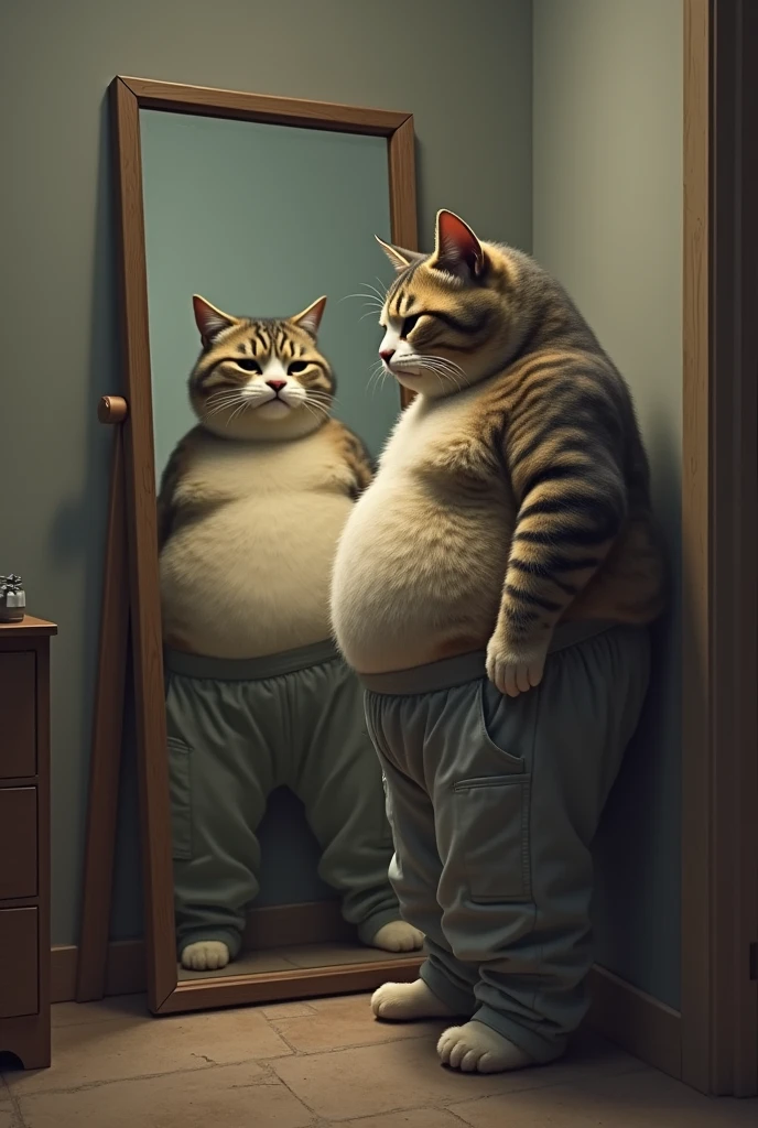 Here is a prompt for the above message:
"Generate an image of a 6-foot tall, overweight cat i, wearing sweatpants,
Watching his body in a full mirror and feeling sad
Show the mirror image