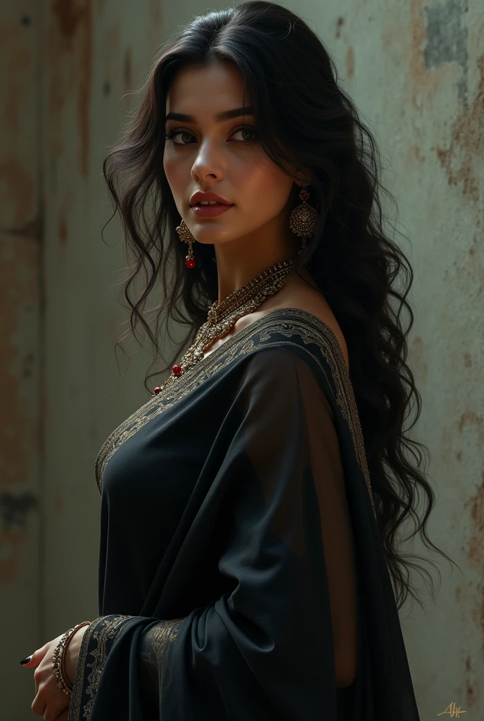 A stunningly beautiful woman with long, wavy hair cascading down her back, sharp eyes filled with intrigue, and a subtle, dangerous smile. She wears a dark, flowing saree with intricate jewelry, including a nose ring and a bindi. Poses include front pose, back pose, left pose, right pose, left-right pose, and right-left pose, capturing her elegance and hidden motives, full size picture from head to toe, hyper-realistic, cinematic lighting, 4k resolution, digital painting, by Artgerm and Ilya Kuvshinov.