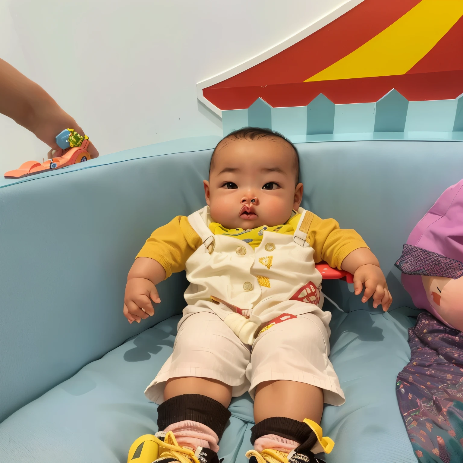 There is a baby sitting on the sofa with a toy., Sitting in his high chair, abcdefghijklmnopqrstuvwxyz, It's coming on strong. ,, Thawan Duchanee, Niwan Chandra, Happy Wisdom. He has a big belly., babies in her lap, Shot with sony alpha 9, Sitting in the waiting room