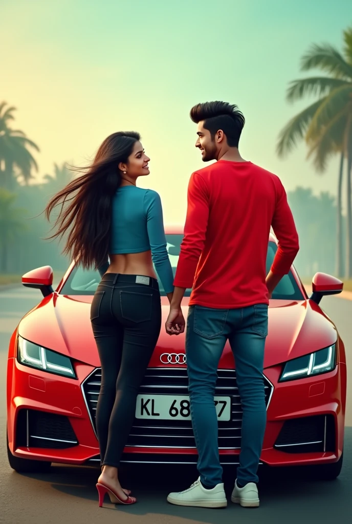 A girl with boy friend and audi tt that car number is KL 66 B 777 that boy with red full sleeve shirt and blue jeans. girl with blue crop top and black jeans and long hair she is looking like a Kerala girl 
