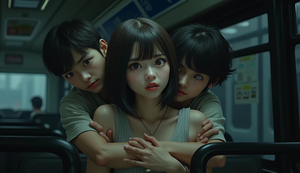 (32K:1.9, Horror depictions:1.9, Highest quality, masterpiece, Ultra-high resolution, Professional random angle camera work:1.5, Very detailedな肌と顔の質感:1.4), Always accurate, Very detailed, bag, (Cute Japanese Woman, Camisole dress and cardigan:1.6, Incredibly slim body:1.3, areola is not visible:1.4, Big breasts on the verge of collapse), ((Crowded bus:2.0, Crazy behavior:1.9, On the bus、Two young male high school students are hugging a woman from behind:1.7)), belt, Fair skin, elegant, sense of cleanliness, Thin eyebrows, (Surprised:1.0, Puzzled:1.0, A look that shows deep contempt for you:1.3, Big eyes that exude beautiful eroticism:0.4, Please open your mouth a little, lipstick, Feel the beautiful eroticism:1.0, Dark brown medium hair), Earrings, necklace, bracelet, romantic, mysterious, Object of admiration, original, dramatic, artistic, Innovative, charm, Heartful, Fancy, Tilt, sense of loss, special, ((exciting, Extreme, sense of openness, suffering, sufferingの表現)), ((Mistakes of Youth, 女性的なcharm))