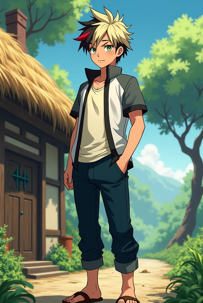 1 fantasy anime handsome boy with short and tidy "some of blonde and black hair with a little of red hair" . Shiny green eyes with red halo around the pupils. White shirt with gray short sleeves and black edges, cream colored t-shirt underneath. The buttons are closed. Standing in front of the door of a house with straw walls and a hay roof. Among the greens and a single big tree facing. Old navy pants and old brown sandals. strong and rather tall body .