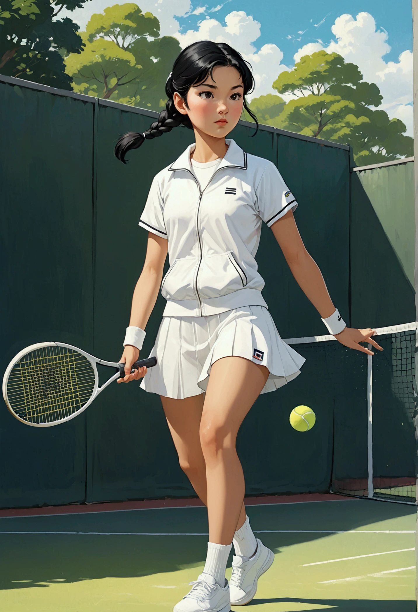 A beautiful young girl in Sarah Kay style, Asian with black hair tied in a single long braid and dressed in an all-white tennis sports outfit, with white sneakers and socks and a racket in her hand, her style is 50s, she is in a relaxed attitude.