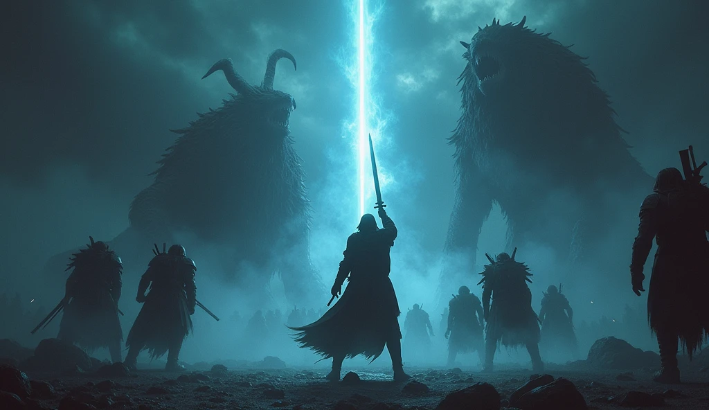 Prompt #2:
An epic battle scene in a different world, the hero at the center wielding a sword that glows with an ethereal light, surrounded by fantastical beasts and allies, mid-action, high tension, Canon EOS R8, wide angle lens dark space