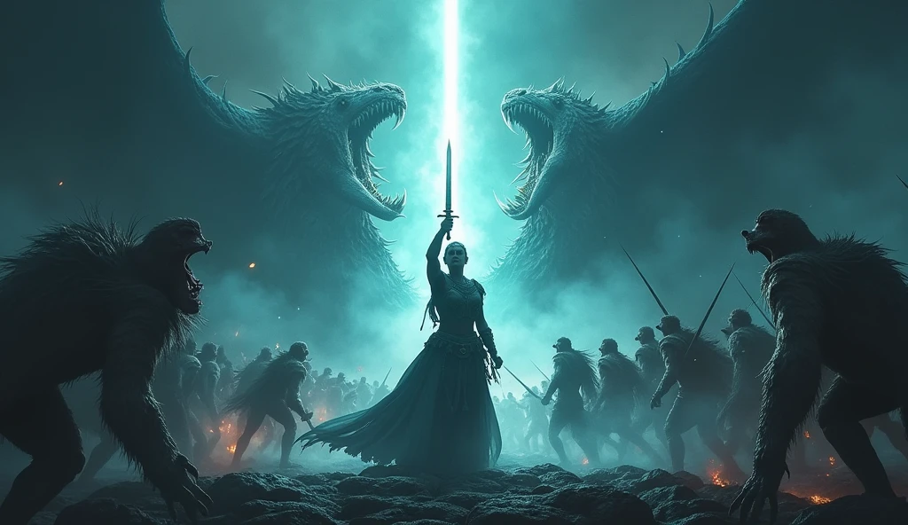 Prompt #2:
An epic battle scene in a different world, the hero at the center wielding a sword that glows with an ethereal light, surrounded by fantastical beasts and allies, mid-action, high tension, Canon EOS R8, wide angle lens dark space