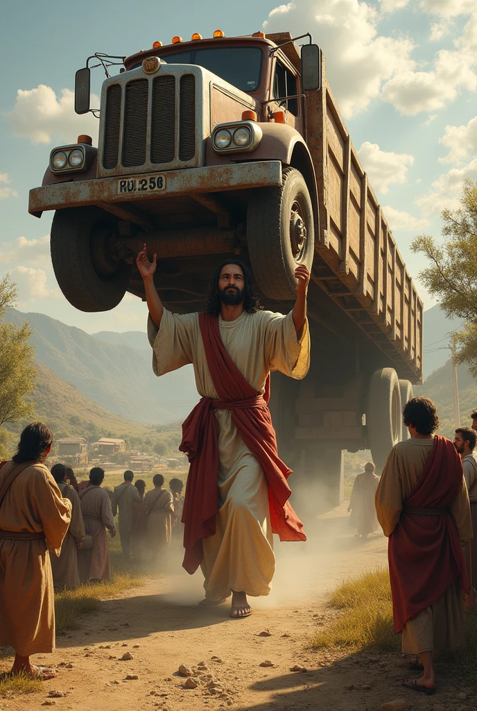 "Jesus Christ struggling to carry a large truck on his shoulder up in a town road, . The scene is set in a rustic, rural landscape with rugged terrain, emphasizing the effort and emotion involved in his task."and more villagers are watching him other town and he is
crying folling water in his eays