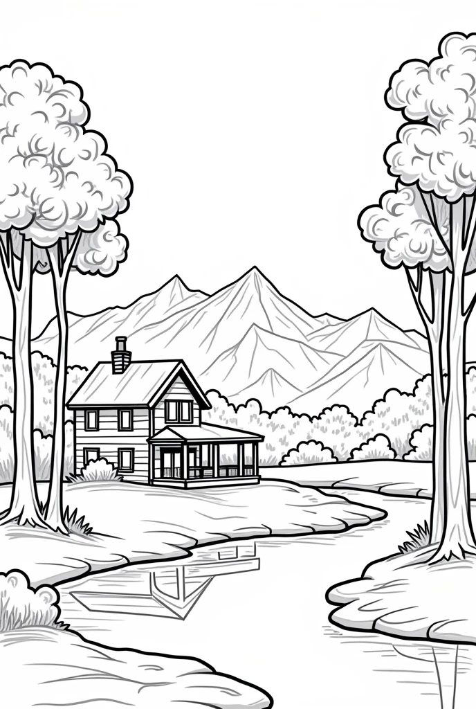 Landscape with a country house, trees, a river, mountains in the background, only outline of the drawing, black and white