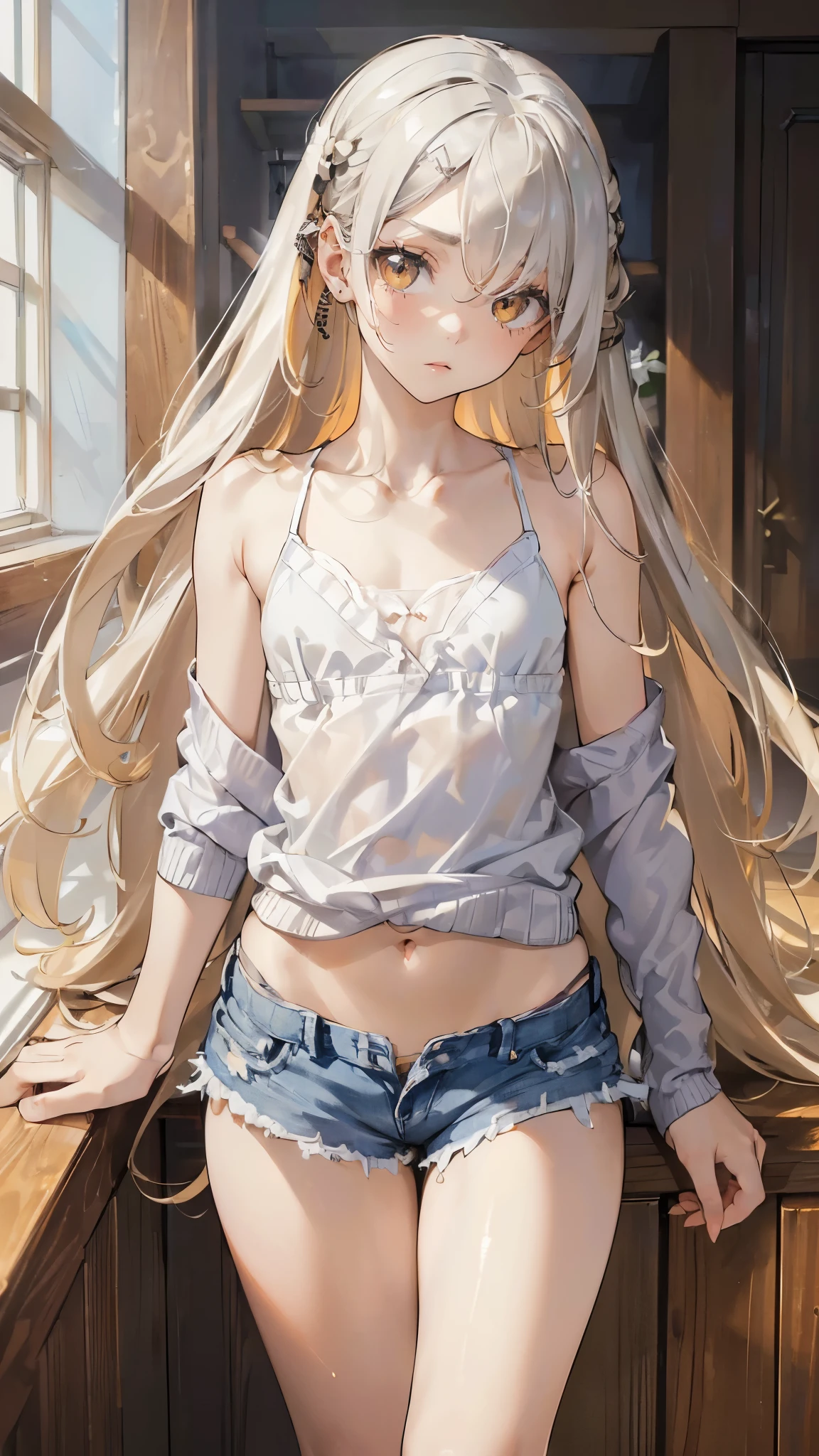 masterpiece, ultra detailed, 8k portrait, RAW photo, portrait photography, Highly detailed face, beautiful and meticulous eyes, (amber color eyes:1.5), , (tilt one's head:1.5), (standing:1.5), indoor, (white camisole:1.5) and (Lowrise blue shorts:1.5), (ultra long hem white summer cardigan:1.5), cute girl, (platinum blond hair:1.5), (platinum blond colored eyelash:1.5), (medium hair:1.0), (parted bangs:1.5), (hairpin1.5), (sleepy face:1.0), young girl, 1girl, beauty girl, pretty girl, 159cm, 41kg, (skinny:1.5), (flat chest:1.5), NSFW:1.5