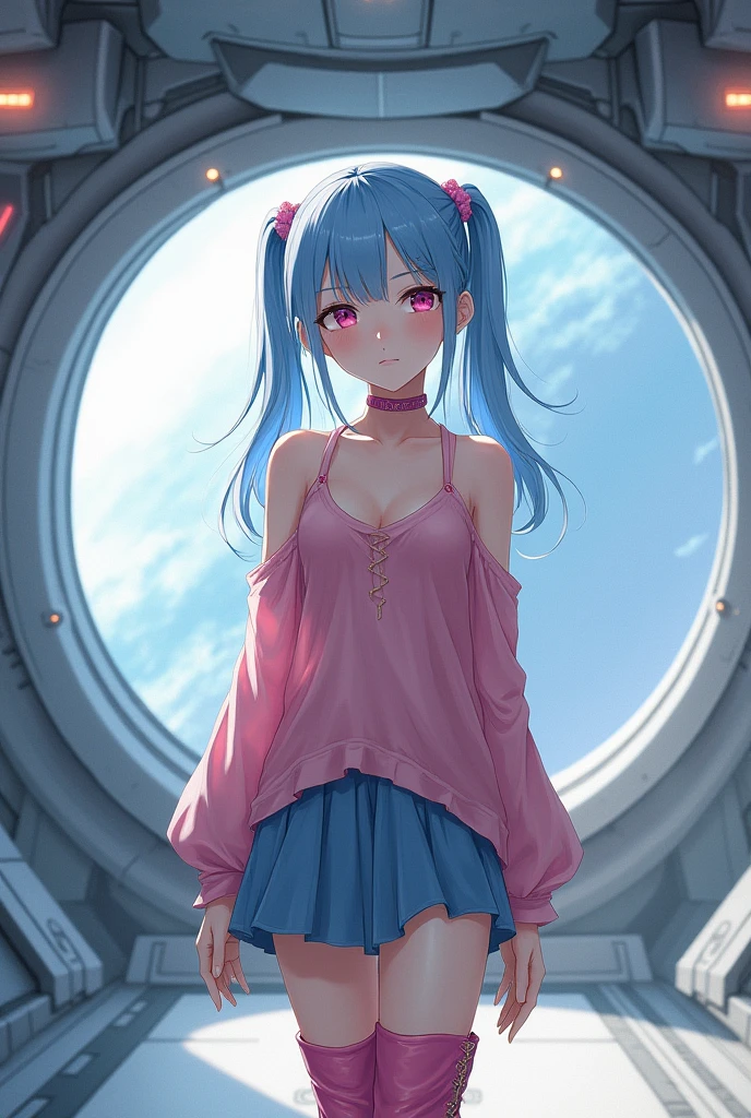 ((best quality)), ((masterpiece)), (detailed), realistic human girl with very white skin, small breasts, pink eyes, blue hair with two pony tails, with no brassier, pink baggy low-cut sleeveless over-sized baggy top, blue skirt, pink tall boots, inside a spaceship