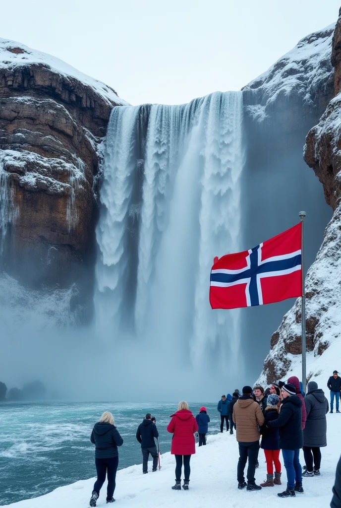 Huge Waterfall in snow in the sea.and tourists.and flag with blue,red,white nordic-cross colored and white red star on the flag.not norway flag