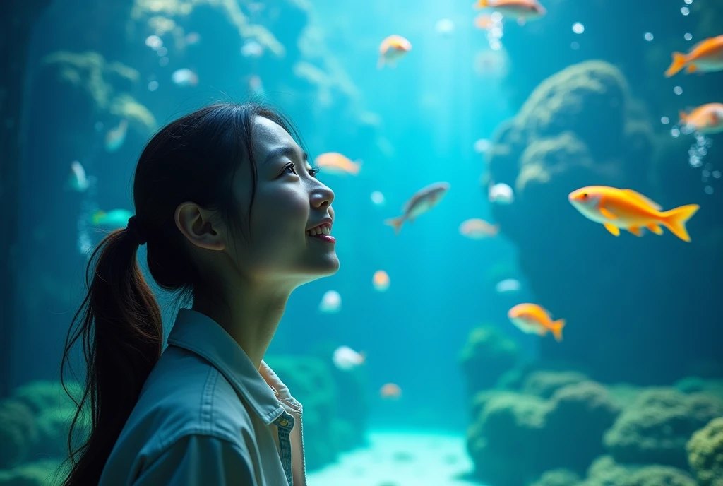 A vividly captured photograph of a (20-year-old Japanese woman:1.3) enjoying her time at an aquarium. She is (standing in awe) before a large, captivating aquarium display filled with (various marine life:1.2). The (ambient light of the water tanks) casts a beautiful glow onto her face, highlighting her (expressive eyes and joyful smile:1.4). Break, Her attire is casual yet stylish, featuring a (light, comfortable outfit) perfect for a day of exploration. The (colors of her clothing harmonize) with the surrounding aquatic blues and greens, enhancing the serene environment. Break, The background showcases the (vibrant underwater world:1.5) with (colorful fish, corals, and bubbles) floating around, creating a magical and immersive setting. Break, The photograph's composition utilizes (high resolution and sharp focus), capturing every detail— from the gentle play of (light and shadow on her features:1.2) to the intricate patterns of marine life. Break, The overall atmosphere is filled with (wonder and discovery), evoking a sense of (peaceful contemplation) as she connects with the beauty of the ocean. Additional elements include the (gentle ripples and reflections on the water surface), adding depth and realism to the scene.