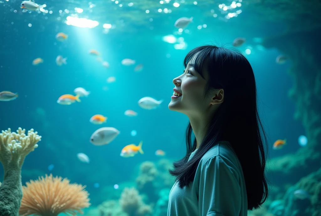 A vividly captured photograph of a (20-year-old Japanese woman:1.3) enjoying her time at an aquarium. She is (standing in awe) before a large, captivating aquarium display filled with (various marine life:1.2). The (ambient light of the water tanks) casts a beautiful glow onto her face, highlighting her (expressive eyes and joyful smile:1.4). Break, Her attire is casual yet stylish, featuring a (light, comfortable outfit) perfect for a day of exploration. The (colors of her clothing harmonize) with the surrounding aquatic blues and greens, enhancing the serene environment. Break, The background showcases the (vibrant underwater world:1.5) with (colorful fish, corals, and bubbles) floating around, creating a magical and immersive setting. Break, The photograph's composition utilizes (high resolution and sharp focus), capturing every detail— from the gentle play of (light and shadow on her features:1.2) to the intricate patterns of marine life. Break, The overall atmosphere is filled with (wonder and discovery), evoking a sense of (peaceful contemplation) as she connects with the beauty of the ocean. Additional elements include the (gentle ripples and reflections on the water surface), adding depth and realism to the scene.