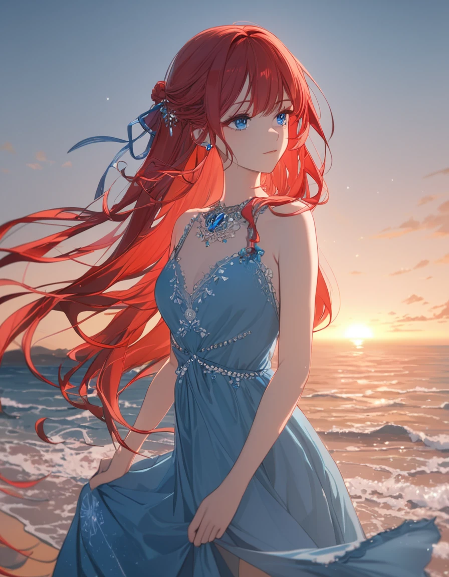 best quality, 8K, high res, ultra-detailed, cinematic lighting,1girl,bright red hair,long hair,blue detail jewelry eyes, delicate ocean,seaside,,((blue dress)),sunset