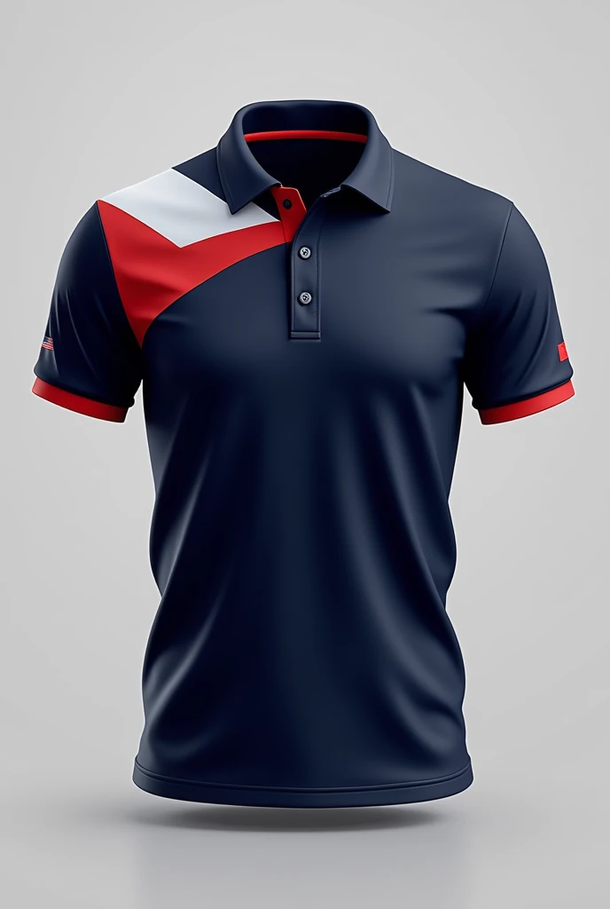 Polo shirt for student promotion with the main color navy blue, that has details of blood red and white colors, short sleeve, modern