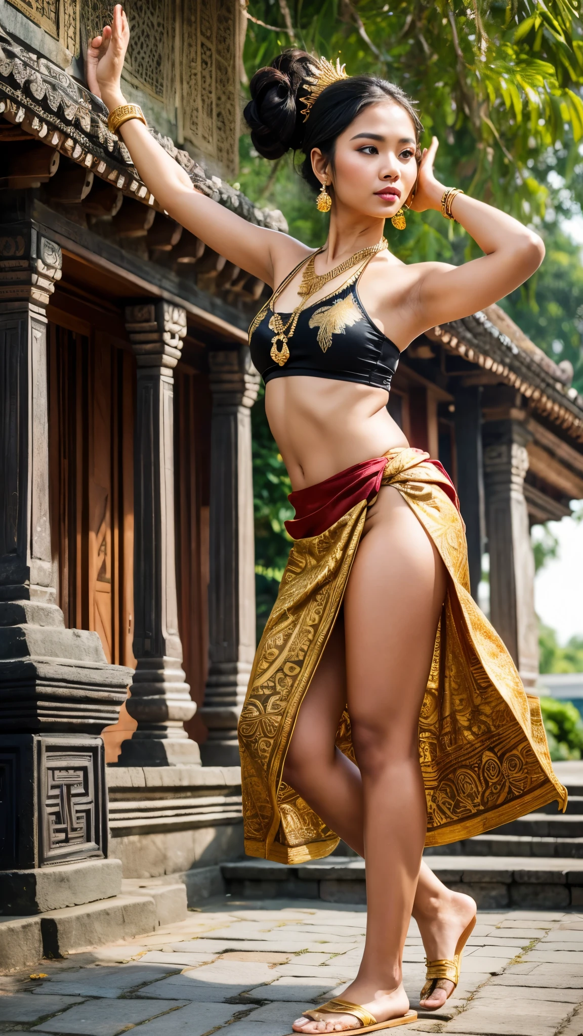 make a super realistic photo. 1 Javanese Indonesian woman, round face, beautiful, elegant, sensual. Long straight hair, tied into a small bun on top of her head, wearing a sensual red silk tank top, medium breasts, wearing a gold necklace, like a Javanese royal queen from Indonesia. White batik cloth belt with complicated motifs, wearing a white batik sarong, very complicated black motifs, wearing black rubber sandals. Full body standing, dynamic pose, meditating, the body floats, the body emits an aura of 3 colors, blue, gold, blue. In the background is a famous Indonesian temple. Beautiful and green. The bodily aura radiates everywhere. Ultra-HD. HD. hyperrealistic. 65 thousand