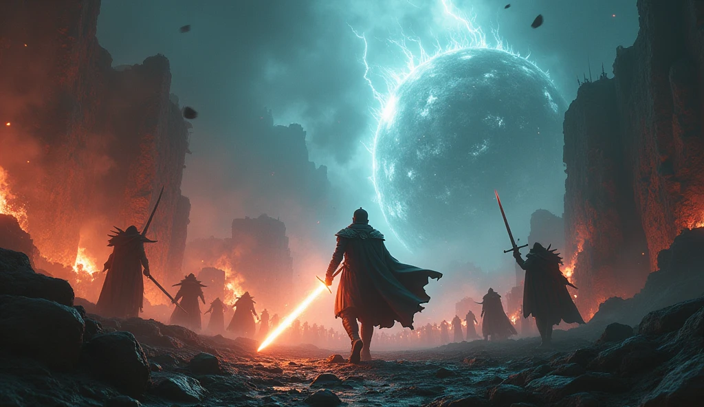 Prompt #2:
An epic battle scene in a different world, the hero at the center wielding a sword that glows with an ethereal light, surrounded by fantastical beasts and allies, mid-action, high tension, Canon EOS R8, wide angle lens entrance to hell