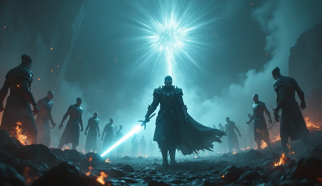 Prompt #2:
An epic battle scene in a different world, the hero at the center wielding a sword that glows with an ethereal light, surrounded by fantastical beasts and allies, mid-action, high tension, Canon EOS R8, wide angle lens entrance to hell