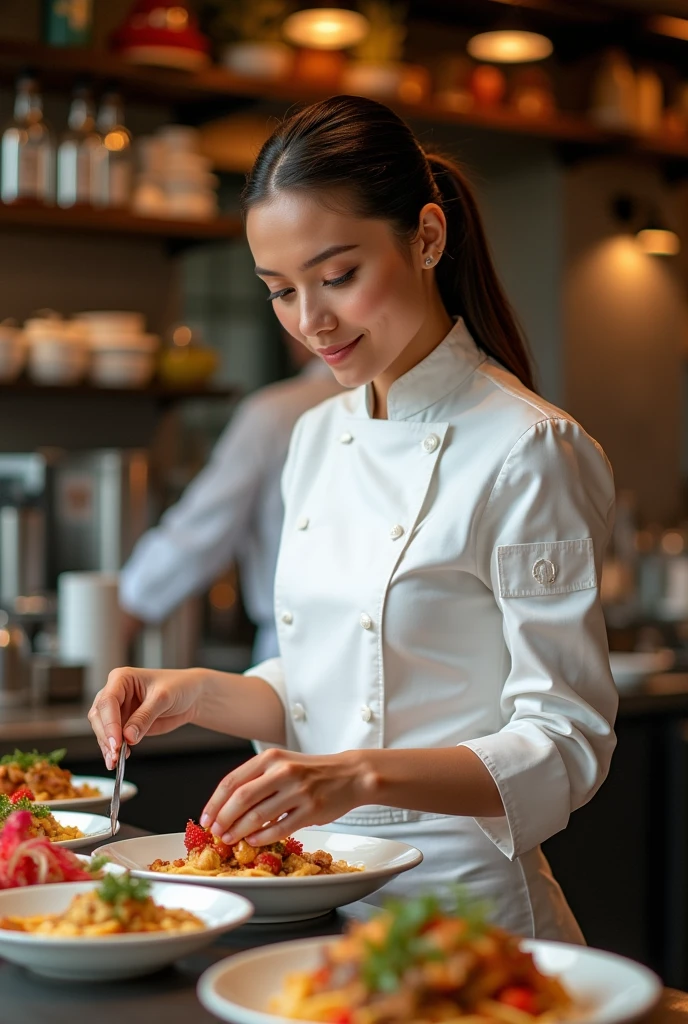 A beautiful chef in a restaurant