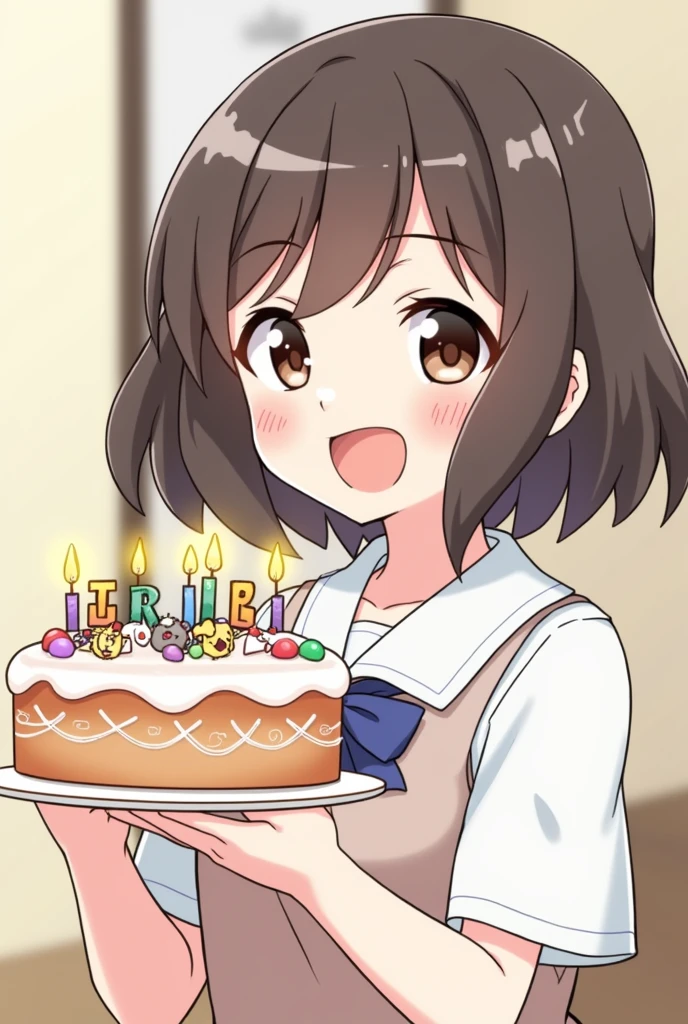 A girl hold a birthday cake with anime style on side angle and look at the point of view