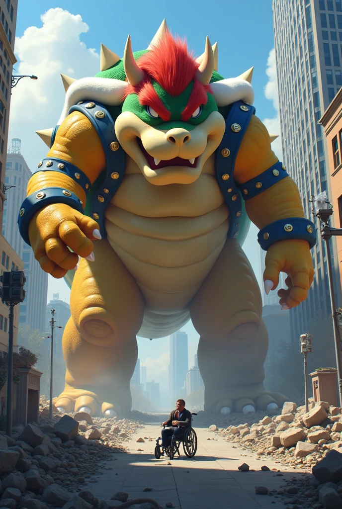bowser getting bigger and bigger, destroying a city,looking at his cock, where there is a disabled person with love, Digital art