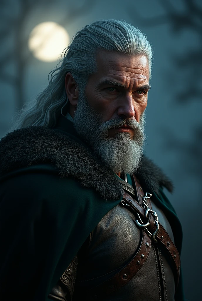 Actor Travis Fimmel (travis fimmel) Geralt of Rivia (Geralt of Rivia) Night portrait of, his face is illuminated by the full moon, He has a beard, Model shooting style (Extremely detailed CG Unity 8K), Full-frame photography of the world&#39;s most beautiful works of art, Medieval wizard armor, Greg Rutkowski&#39;s professional majestic paintings, Popular on artstation, Popular on CGsociety, complex, Very detailed, Be focused, dramatic, Midjourney&#39;s realistic paintings