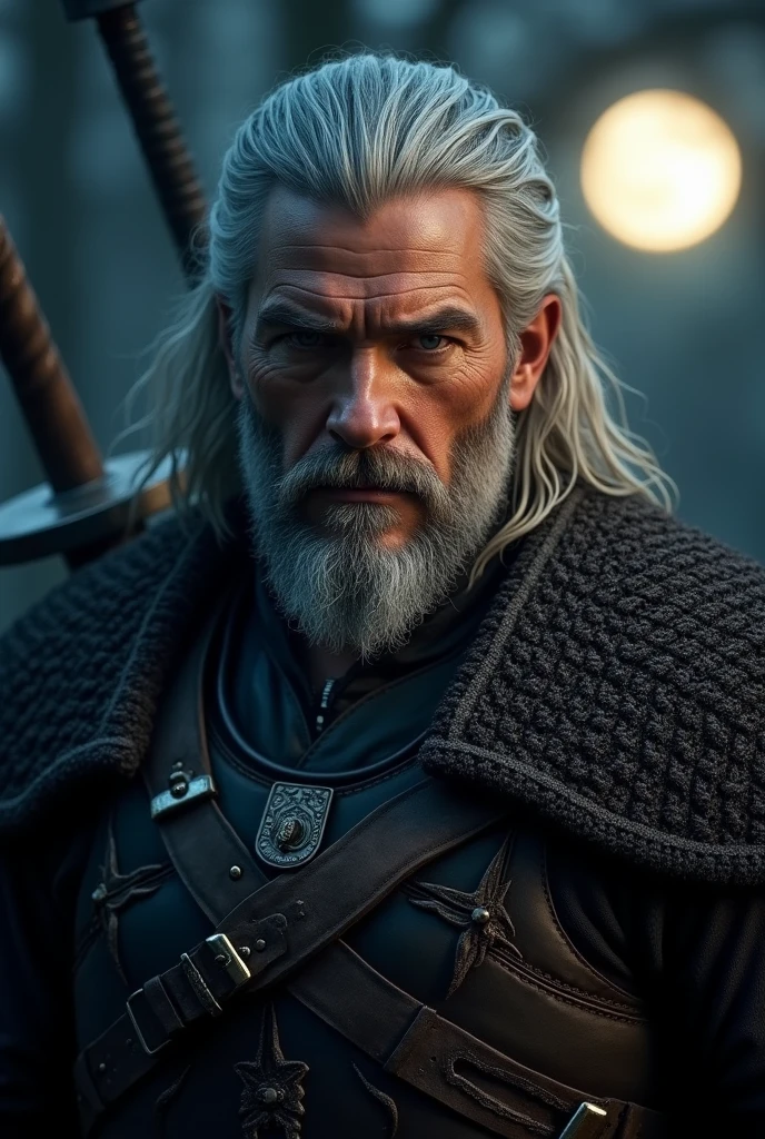 Actor Travis Fimmel (travis fimmel) Geralt of Rivia (Geralt of Rivia) Night portrait of, his face is illuminated by the full moon, He has a beard, Model shooting style (Extremely detailed CG Unity 8K), Full-frame photography of the world&#39;s most beautiful works of art, Medieval wizard armor, Greg Rutkowski&#39;s professional majestic paintings, Popular on artstation, Popular on CGsociety, complex, Very detailed, Be focused, dramatic, Midjourney&#39;s realistic paintings