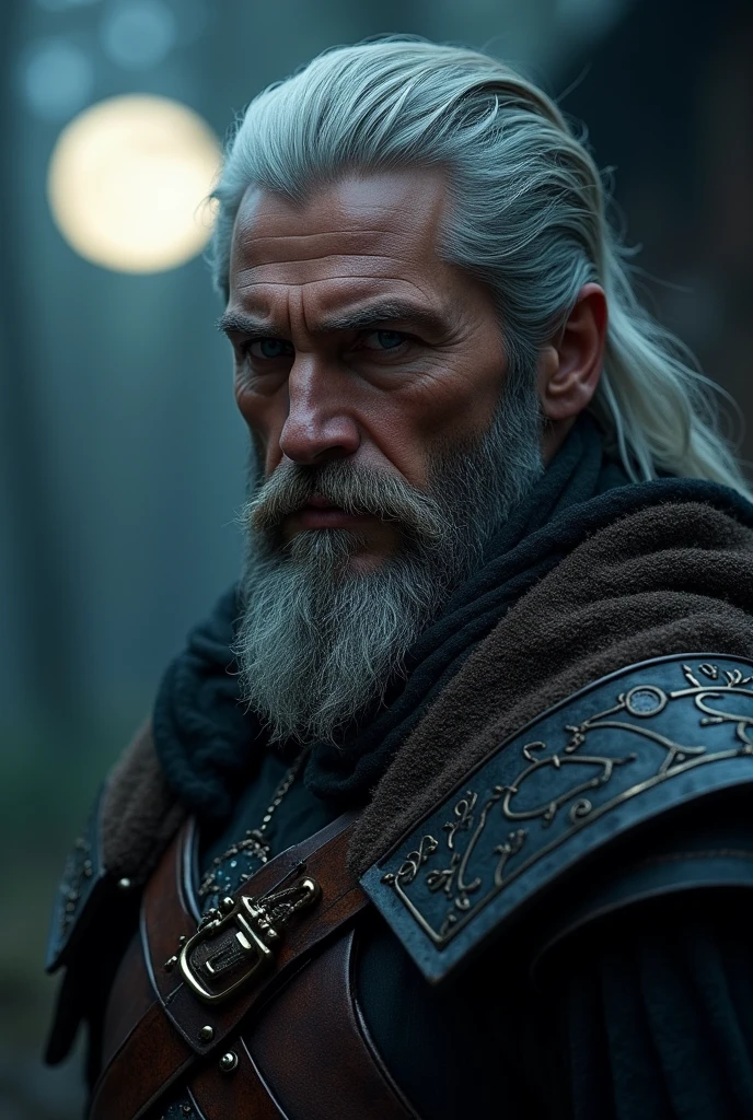 Actor Travis Fimmel (travis fimmel) Geralt of Rivia (Geralt of Rivia) Night portrait of, his face is illuminated by the full moon, He has a beard, Model shooting style (Extremely detailed CG Unity 8K), Full-frame photography of the world's most beautiful works of art, Medieval wizard armor, Greg Rutkowski's professional majestic paintings, Popular on artstation, Popular on CGsociety, complex, Very detailed, Be focused, dramatic, Midjourney's realistic paintings