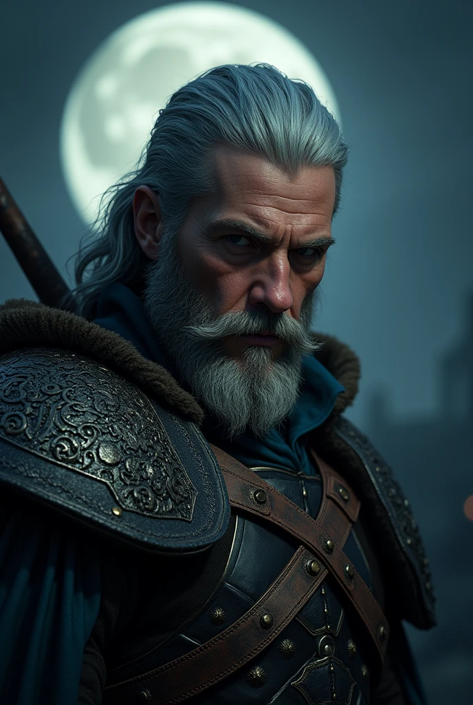Actor Travis Fimmel (travis fimmel) Geralt of Rivia (Geralt of Rivia) Night portrait of, his face is illuminated by the full moon, He has a beard, Model shooting style (Extremely detailed CG Unity 8K), Full-frame photography of the world's most beautiful works of art, Medieval wizard armor, Greg Rutkowski's professional majestic paintings, Popular on artstation, Popular on CGsociety, complex, Very detailed, Be focused, dramatic, Midjourney's realistic paintings